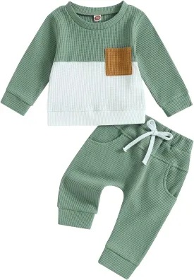 Amiblvowa Toddler Baby Boy Clothes 3 6 9 12 18 Months 2T 3T Color Block Hoodie Pants Set Spring Valentines Day Outfit
