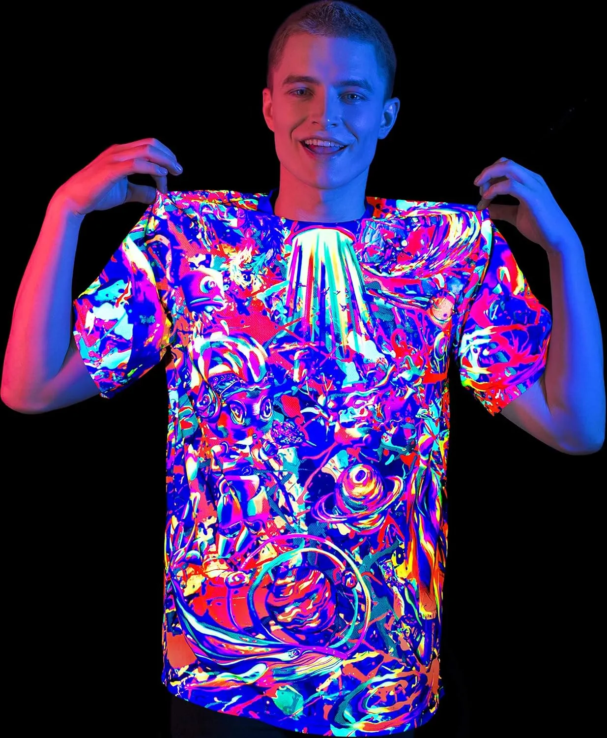 aofmoka Neon Glow Blacklight UV Reactive Party Rave Handmade Art Tee Sport Top Workout Shirt Women Unisex Men Design T-Shirt