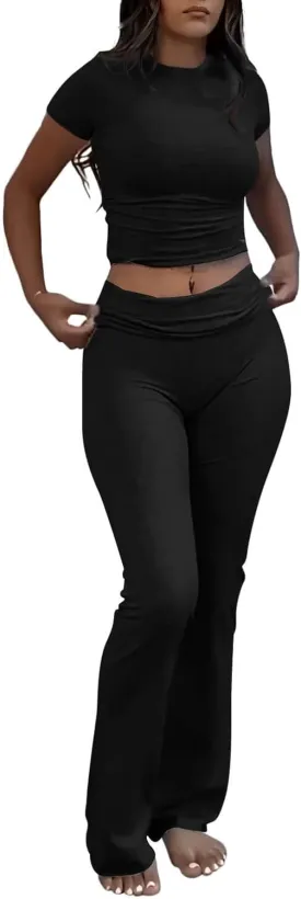 AYWA Women's 2 Piece Lounge Sets Short Sleeve Crop Top Foldover Flare Pants Casual Pajama Outfits