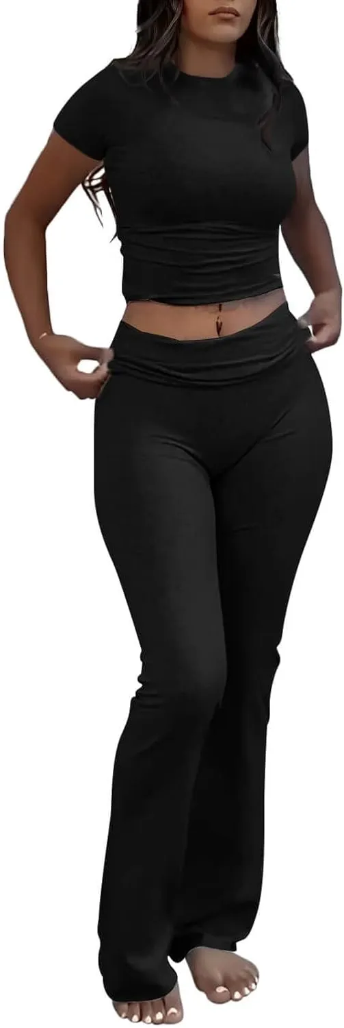 AYWA Women's 2 Piece Lounge Sets Short Sleeve Crop Top Foldover Flare Pants Casual Pajama Outfits