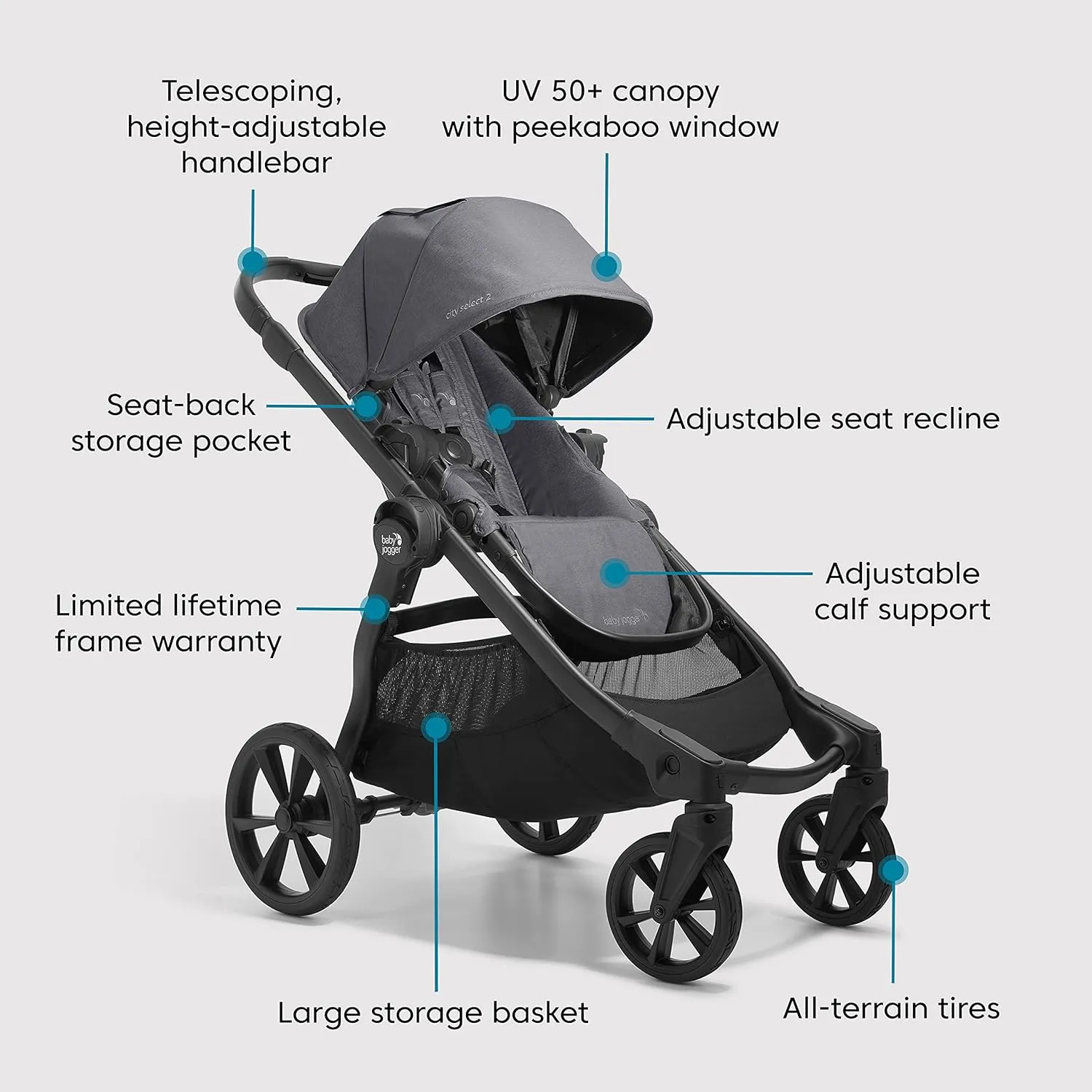 Baby Jogger City Select 2 Single-to-Double Modular Travel System Includes City GO 2 Infant Car Seat Radiant Slate