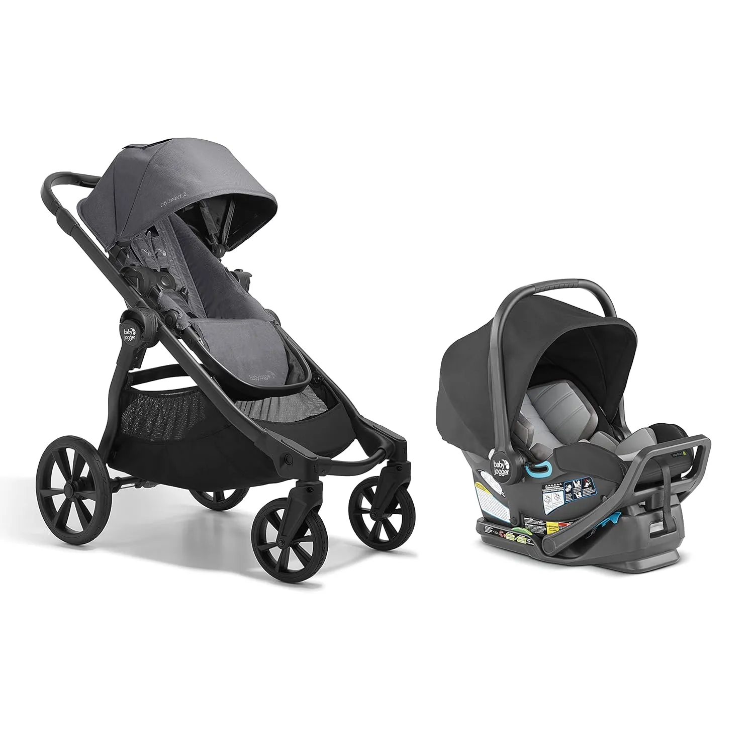 Baby Jogger City Select 2 Single-to-Double Modular Travel System Includes City GO 2 Infant Car Seat Radiant Slate
