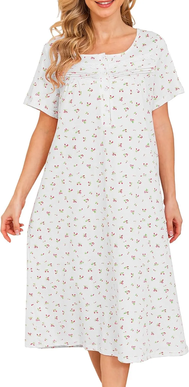 Bloggerlove Nightgowns for Women Soft 100% Cotton House Dress Short/Long Sleeve Night Gowns Comfy Sleepwear S-3XL