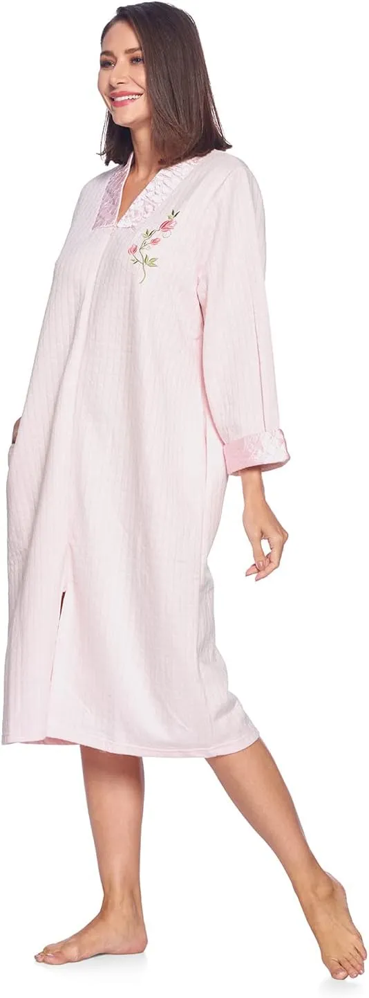Casual Nights Women's Floral Quilted Long Sleeve Zip Up House Dress Robe
