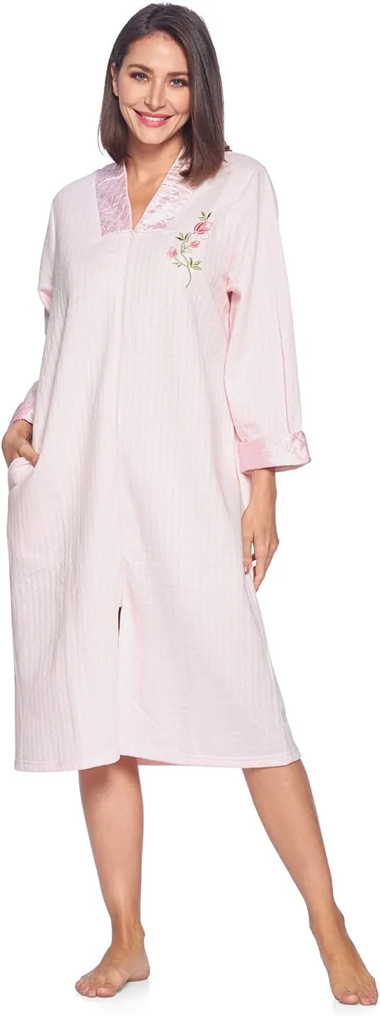 Casual Nights Women's Floral Quilted Long Sleeve Zip Up House Dress Robe