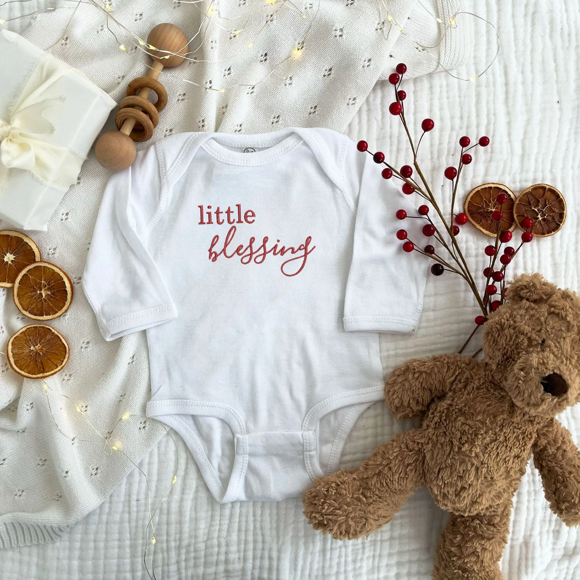 Christmas Little Blessing Baby Embroidered Long Sleeve Bodysuit