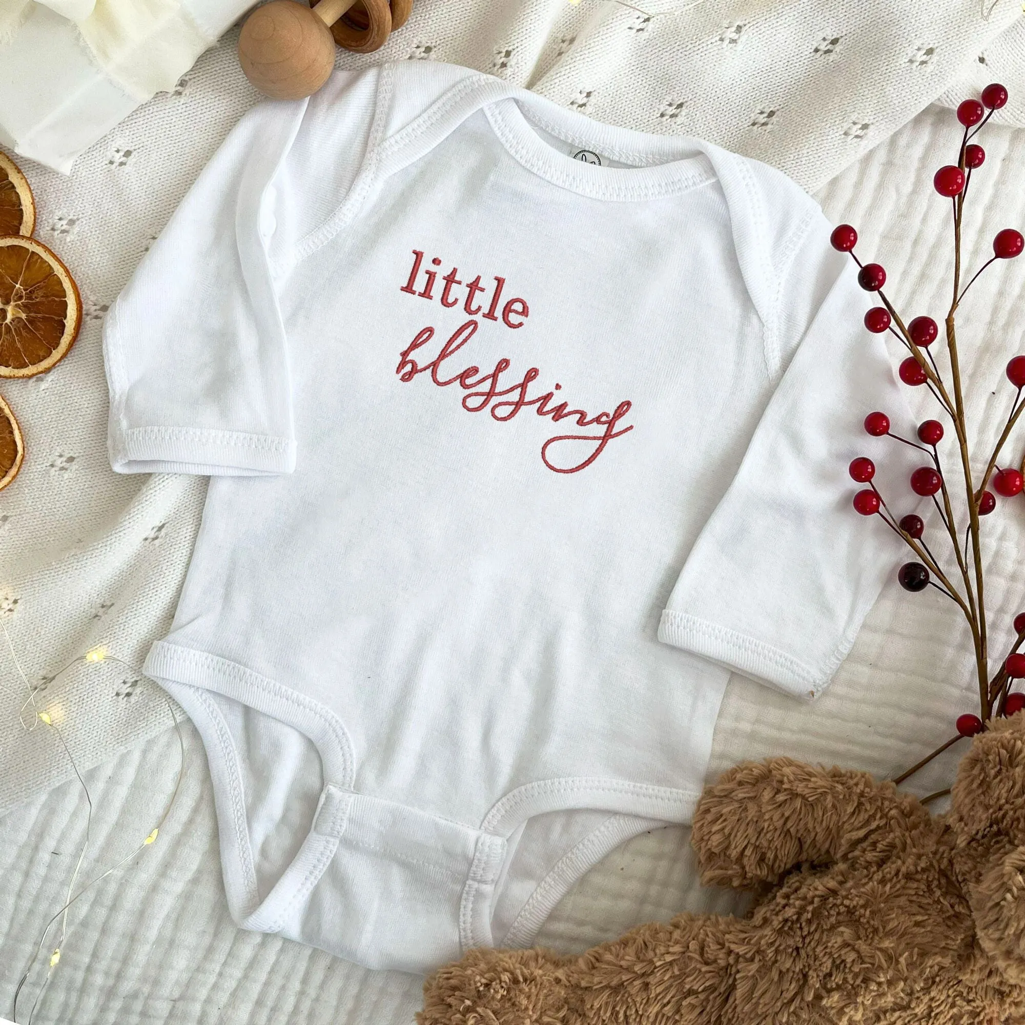 Christmas Little Blessing Baby Embroidered Long Sleeve Bodysuit