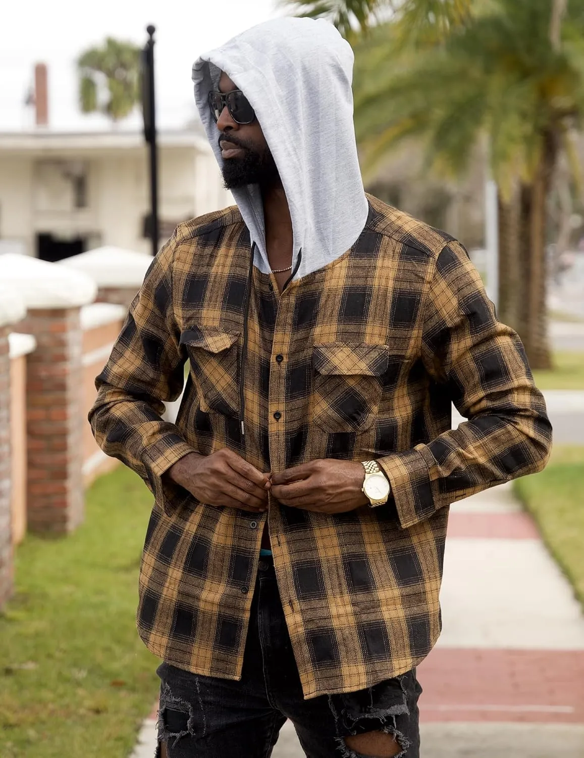COOFANDY Men's Plaid Hoodie Flannel Shirt Jacket Long Sleeve Casual Fashion Button Shirts