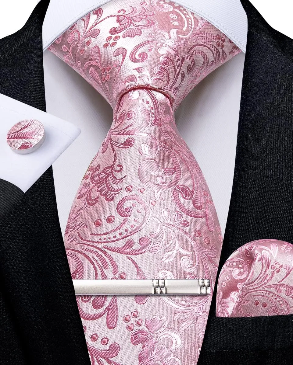 DiBanGu Silk Floral Ties for Men Woven Paisley Necktie and Tie Clip Handkerchief Cufflinks Set for Party Wedding