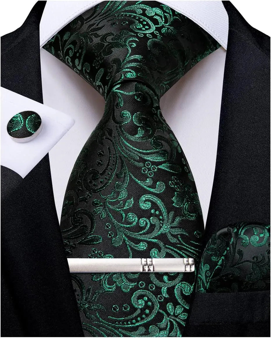 DiBanGu Silk Floral Ties for Men Woven Paisley Necktie and Tie Clip Handkerchief Cufflinks Set for Party Wedding
