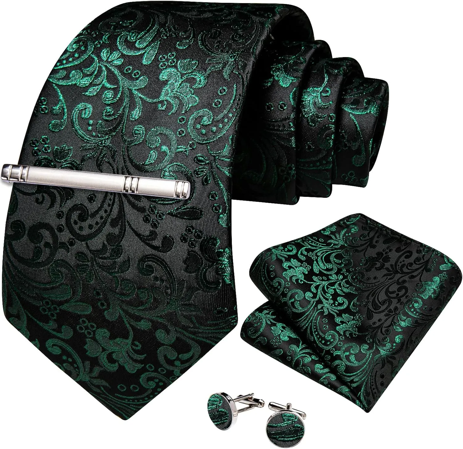 DiBanGu Silk Floral Ties for Men Woven Paisley Necktie and Tie Clip Handkerchief Cufflinks Set for Party Wedding