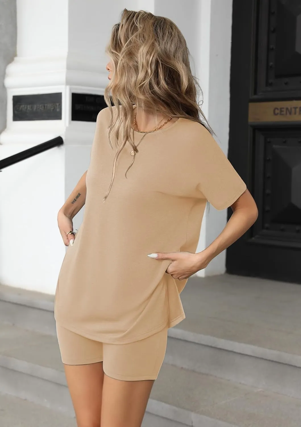 Ekouaer Women's 2 Piece Lounge Set 2025 Summer Biker Shorts Set Outfits Short Sleeve Oversized Top Matching Tracksuit