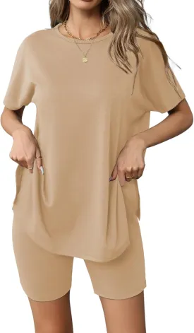 Ekouaer Women's 2 Piece Lounge Set 2025 Summer Biker Shorts Set Outfits Short Sleeve Oversized Top Matching Tracksuit