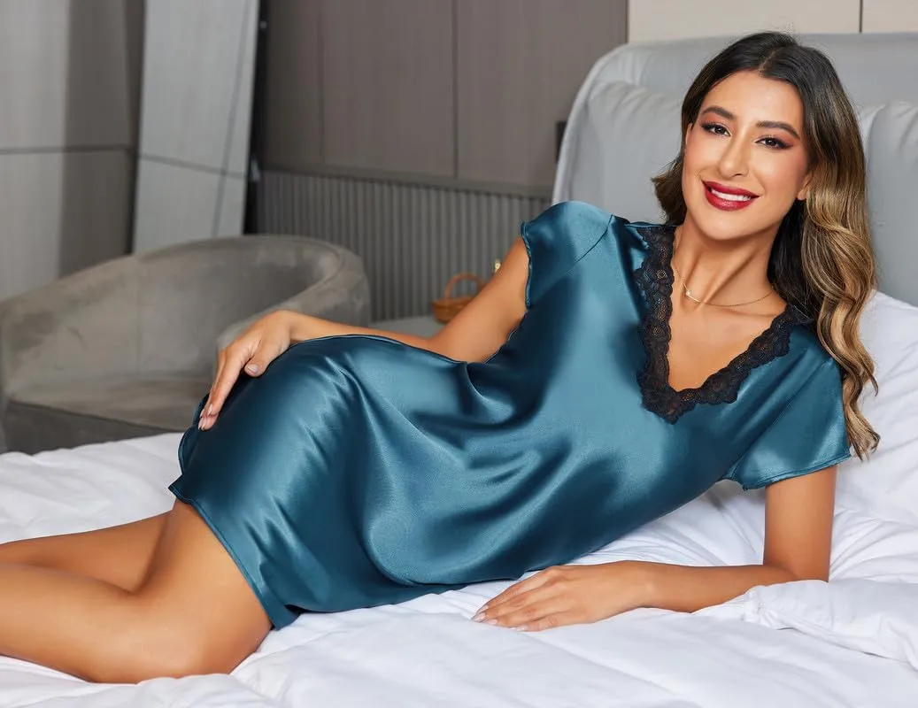 Ekouaer Women's Satin Nightgown Sleepwear Lace V Neck Side Slits Nightie Short Sleeves Nightshirt