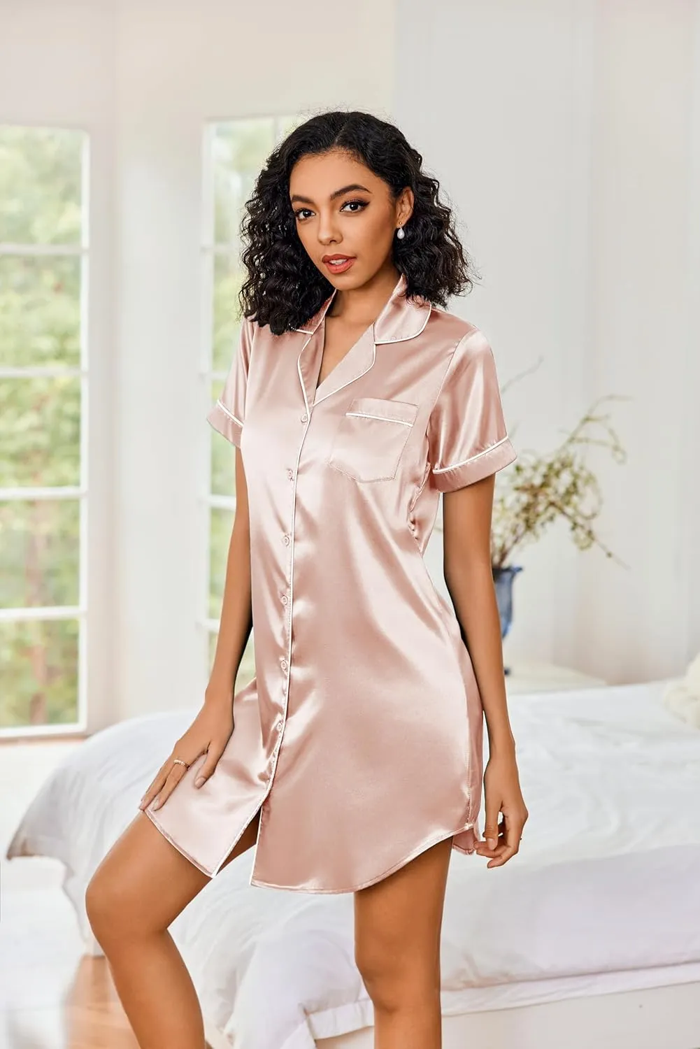Ekouaer Women's Satin Nightshirt Button Down Sleepshirt Silk Short Sleeve Nightgown Boyfriend Notch Collar Sleepwear