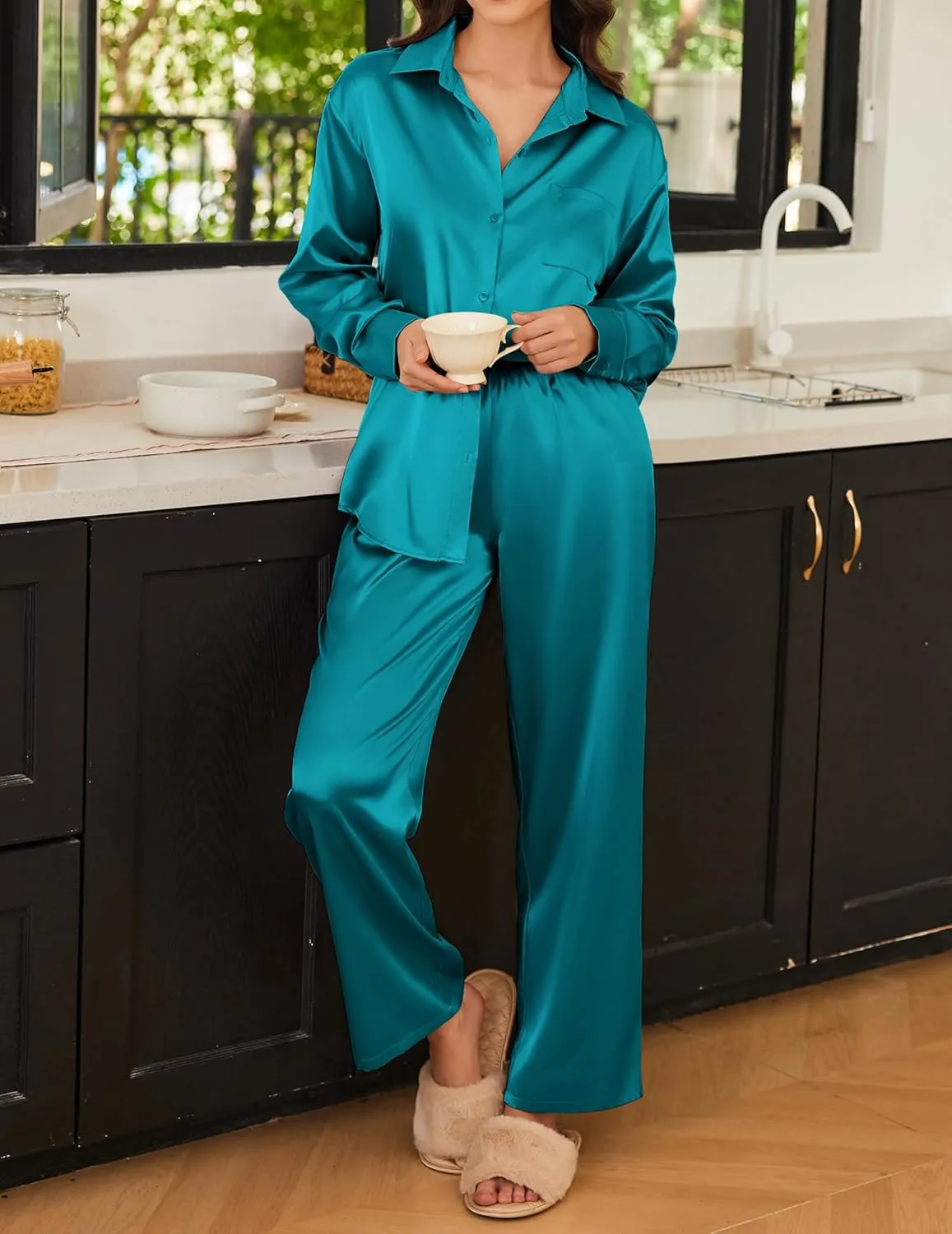 Ekouaer Womens Satin Silky Pajama Set 2 Piece Print PJs Soft Loungewear Button Down Sleepwear with Elastic Waist Long Pants
