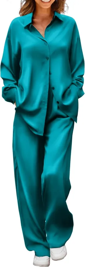 Ekouaer Womens Satin Silky Pajama Set 2 Piece Print PJs Soft Loungewear Button Down Sleepwear with Elastic Waist Long Pants