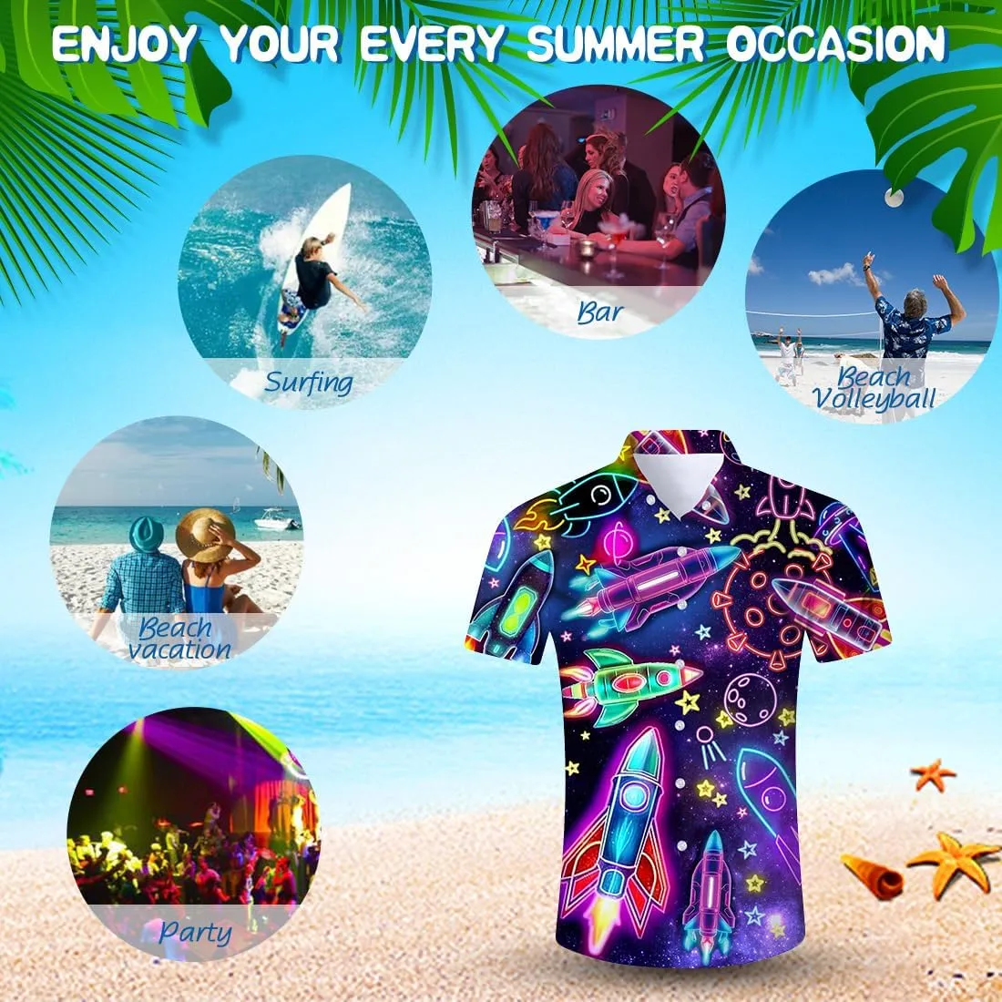 Fanient Mens Hawaiian Shirt Summer 3D Print Casual Short Sleeve Button Down Graphic Aloha Dress Shirts
