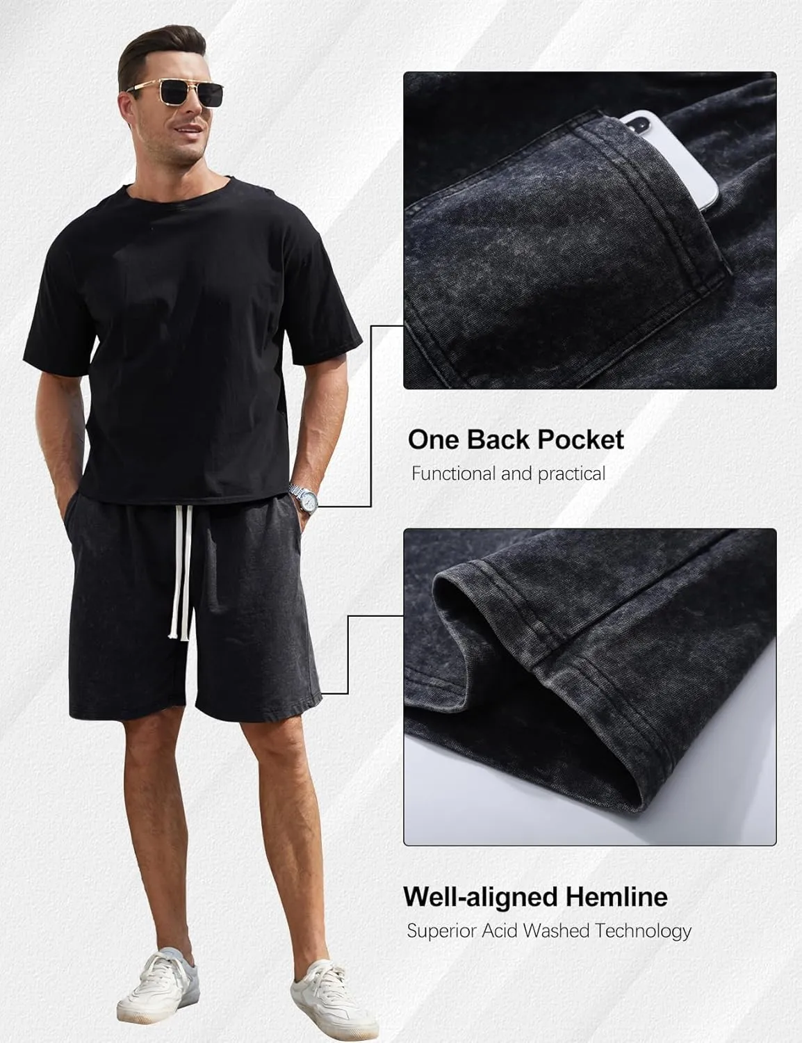 Flygo Mens Sweat Shorts Athletic Acid Washed Cotton Gym Short Elastic Waist Drawstring Workout Jogger Pants with Pockets
