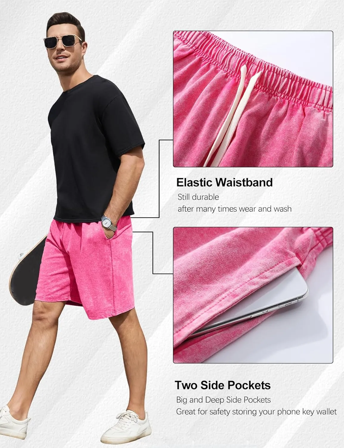 Flygo Mens Sweat Shorts Athletic Acid Washed Cotton Gym Short Elastic Waist Drawstring Workout Jogger Pants with Pockets