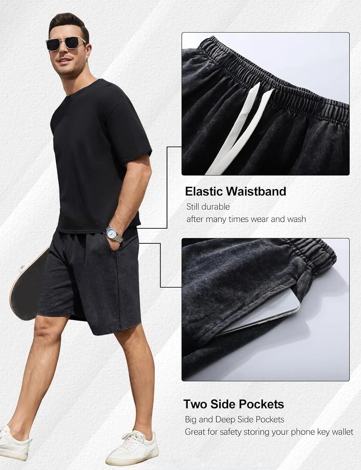 Flygo Mens Sweat Shorts Athletic Acid Washed Cotton Gym Short Elastic Waist Drawstring Workout Jogger Pants with Pockets