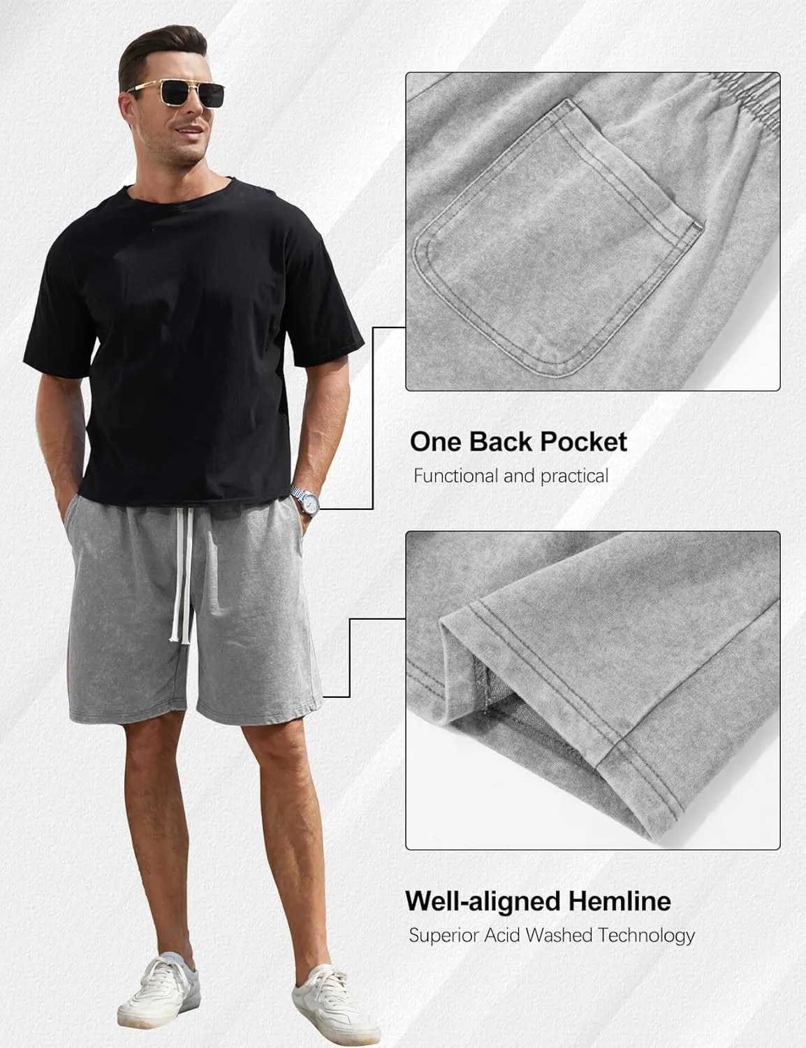 Flygo Mens Sweat Shorts Athletic Acid Washed Cotton Gym Short Elastic Waist Drawstring Workout Jogger Pants with Pockets