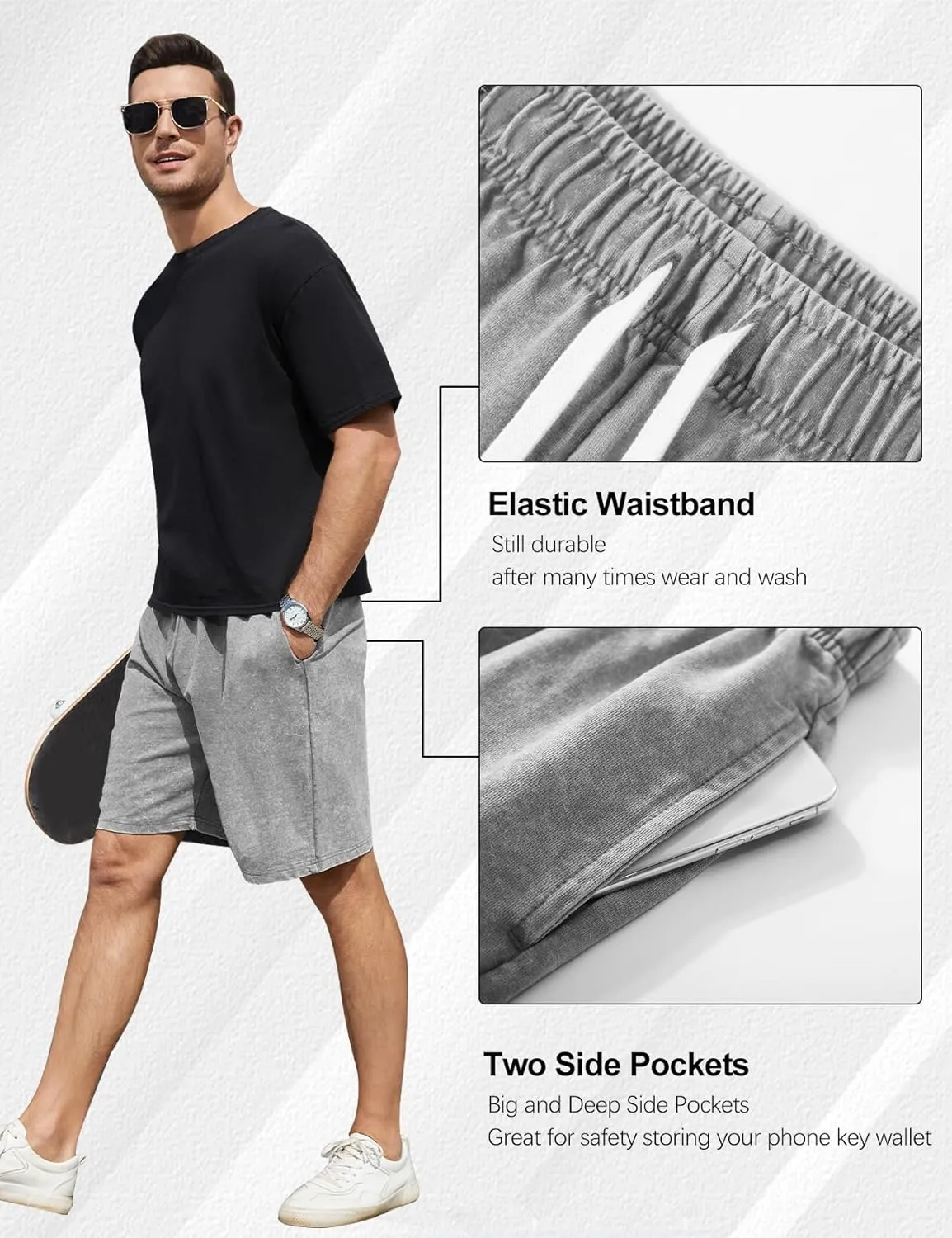 Flygo Mens Sweat Shorts Athletic Acid Washed Cotton Gym Short Elastic Waist Drawstring Workout Jogger Pants with Pockets