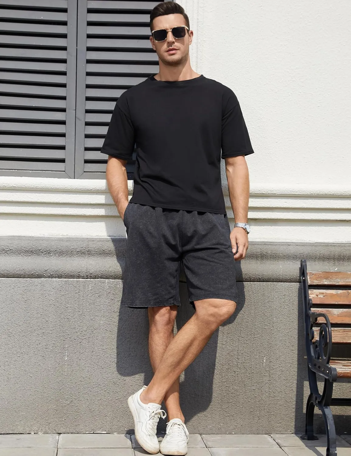 Flygo Mens Sweat Shorts Athletic Acid Washed Cotton Gym Short Elastic Waist Drawstring Workout Jogger Pants with Pockets