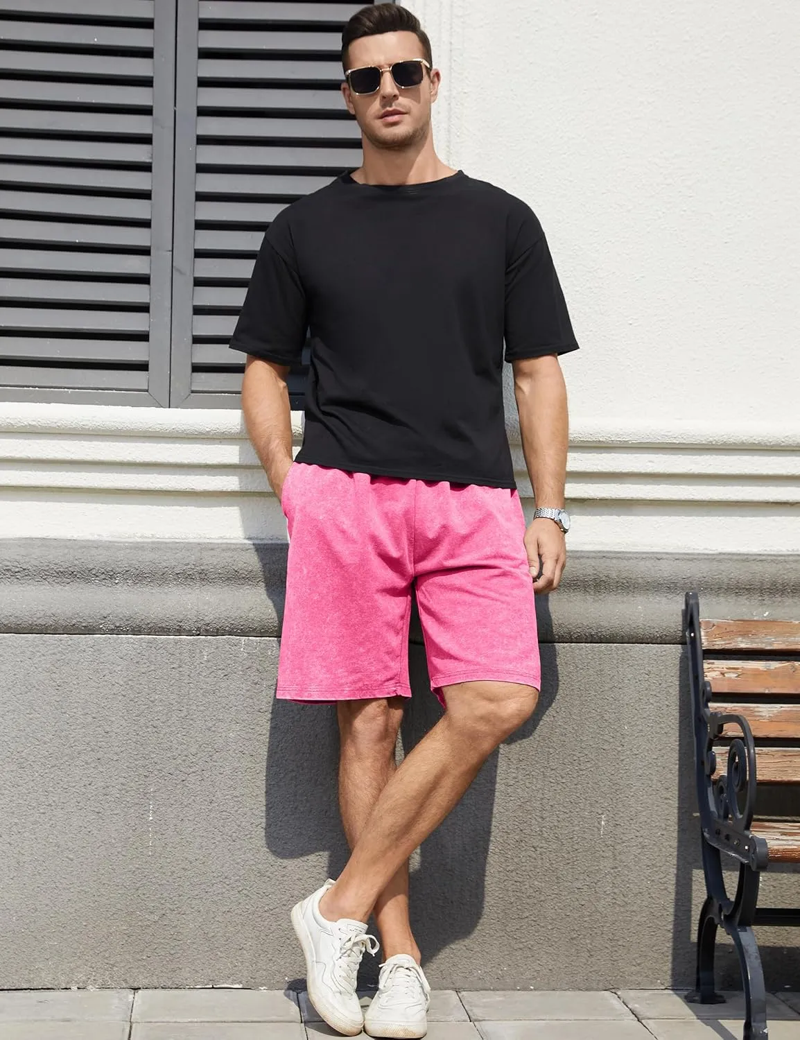 Flygo Mens Sweat Shorts Athletic Acid Washed Cotton Gym Short Elastic Waist Drawstring Workout Jogger Pants with Pockets
