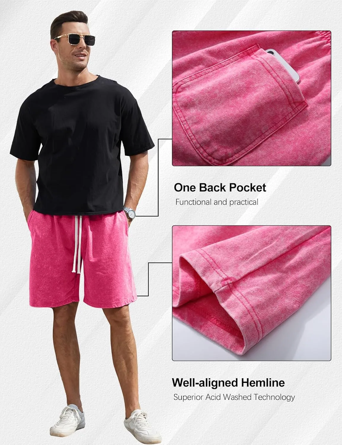 Flygo Mens Sweat Shorts Athletic Acid Washed Cotton Gym Short Elastic Waist Drawstring Workout Jogger Pants with Pockets