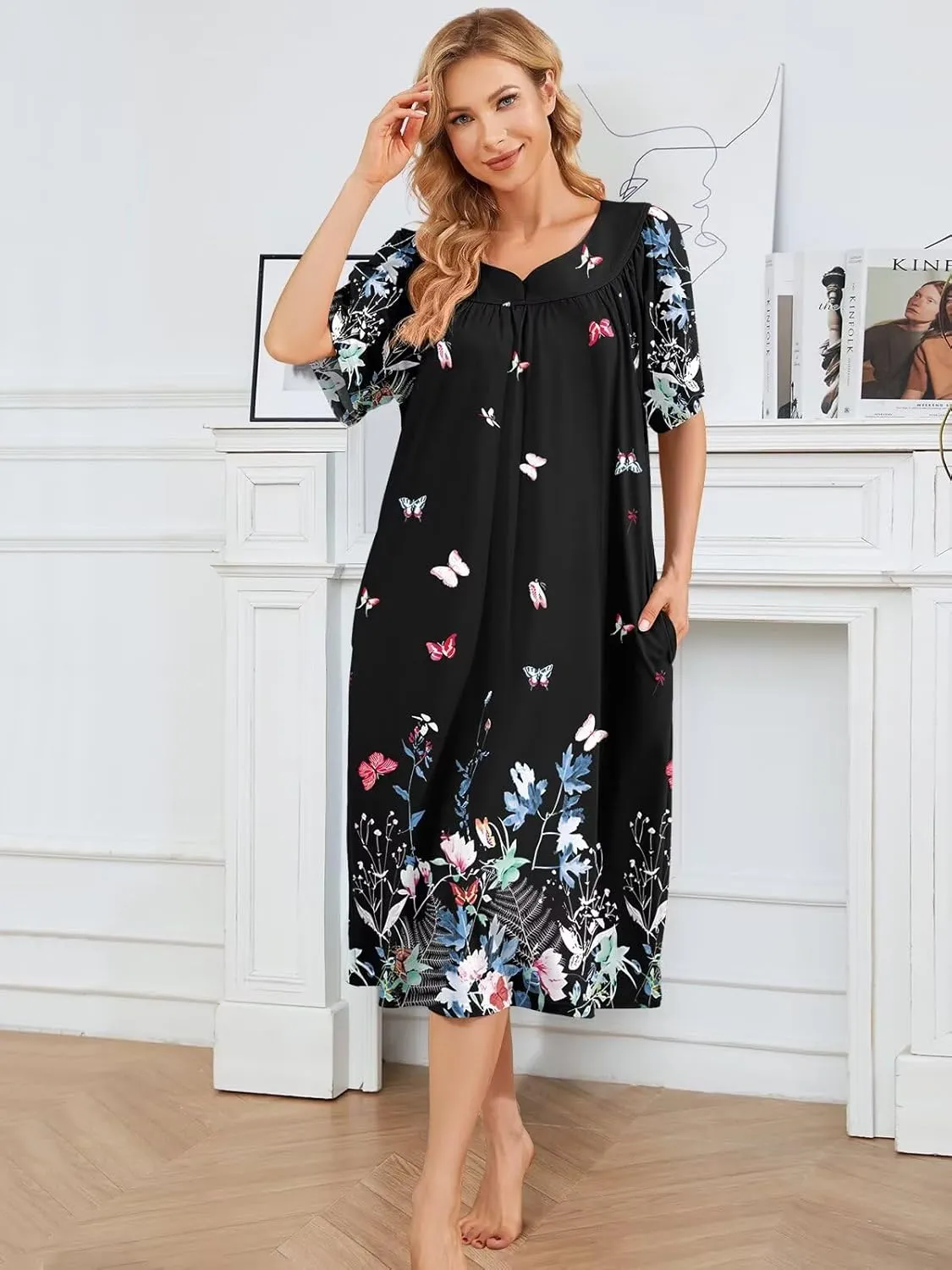 House Dresses for Women with Pockets Moo Moo Nightgown Short Sleeve Mumu Dress Lounge Dress S-3XL