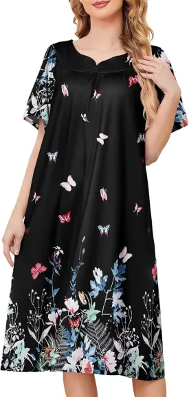 House Dresses for Women with Pockets Moo Moo Nightgown Short Sleeve Mumu Dress Lounge Dress S-3XL