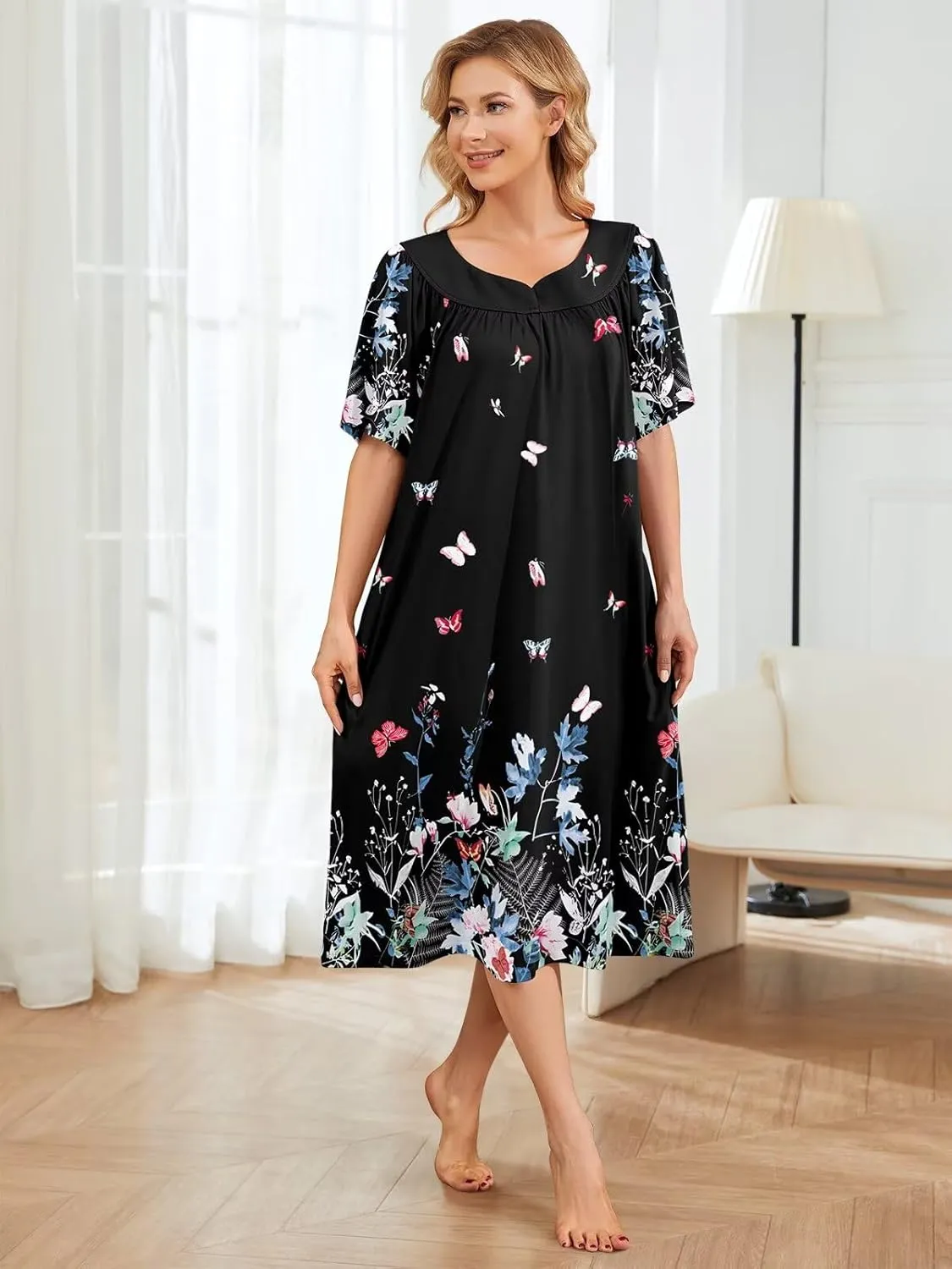 House Dresses for Women with Pockets Moo Moo Nightgown Short Sleeve Mumu Dress Lounge Dress S-3XL