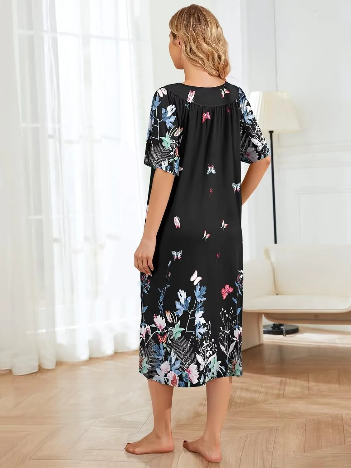 House Dresses for Women with Pockets Moo Moo Nightgown Short Sleeve Mumu Dress Lounge Dress S-3XL