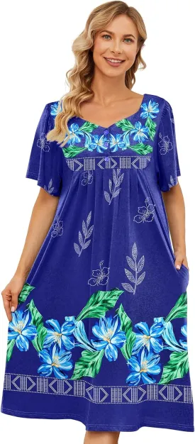 House Dresses for Women with Pockets Moo Moo Nightgown Short Sleeve Mumu Dress Lounge Dress S-5XL