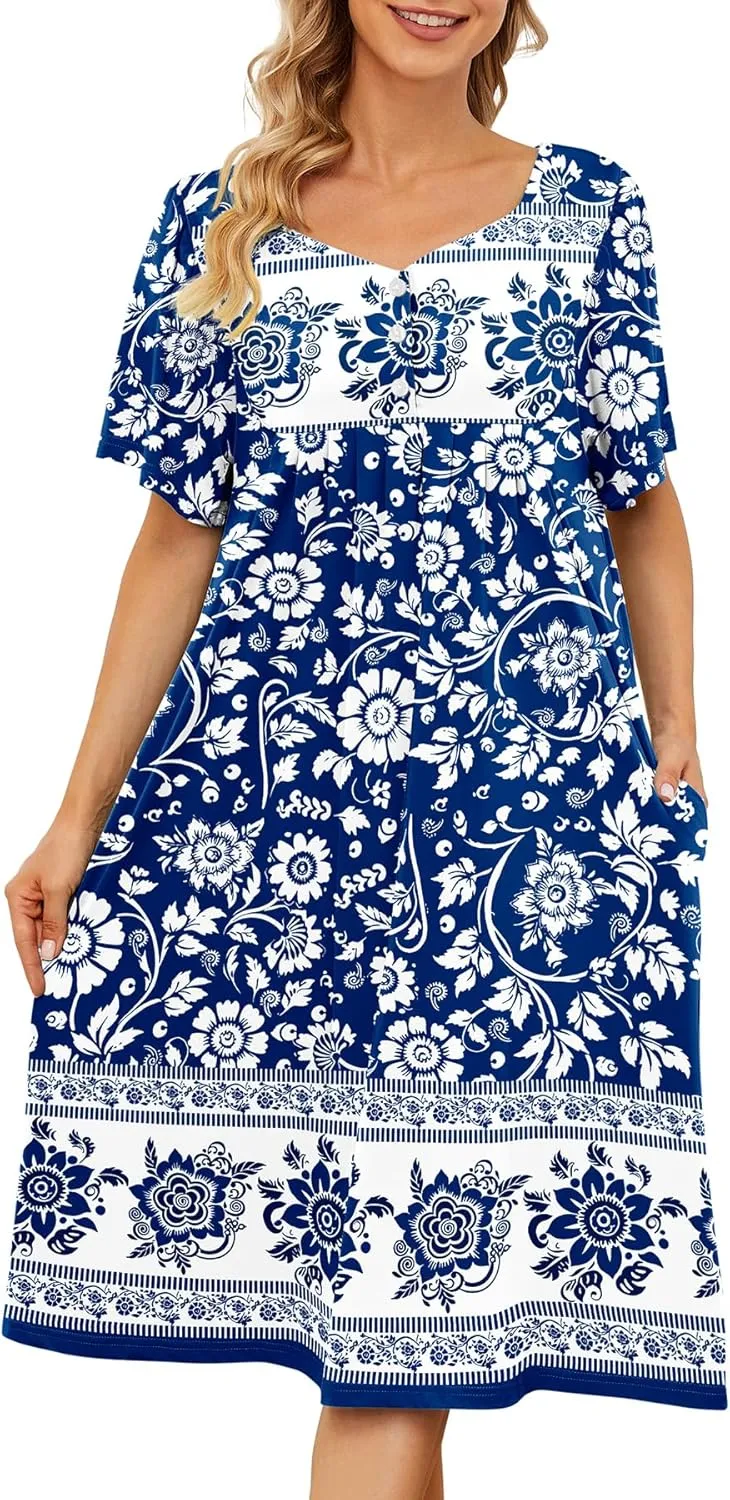House Dresses for Women with Pockets Moo Moo Nightgown Short Sleeve Mumu Dress Lounge Dress S-5XL