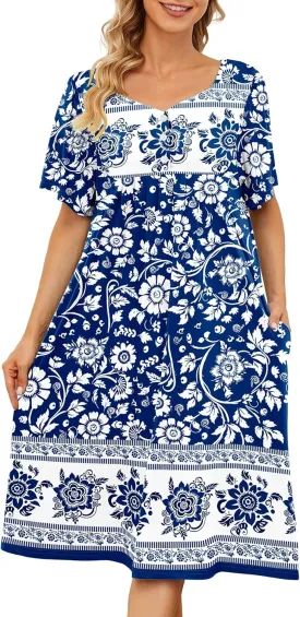 House Dresses for Women with Pockets Moo Moo Nightgown Short Sleeve Mumu Dress Lounge Dress S-5XL