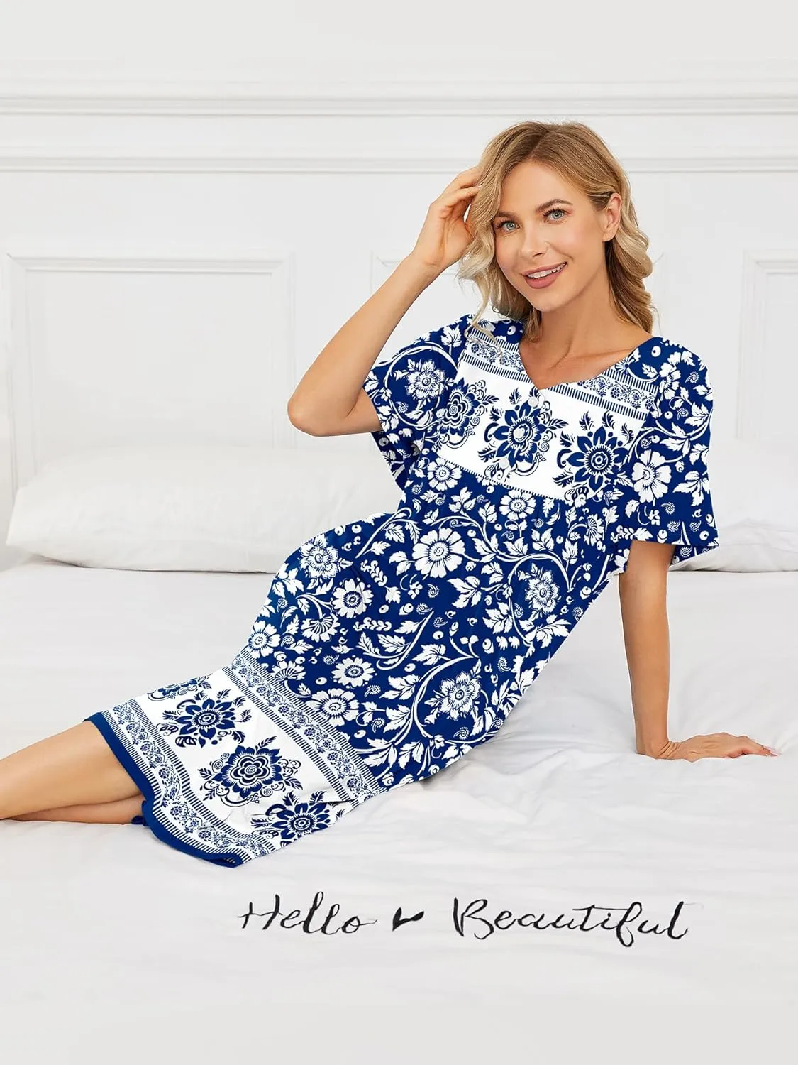 House Dresses for Women with Pockets Moo Moo Nightgown Short Sleeve Mumu Dress Lounge Dress S-5XL