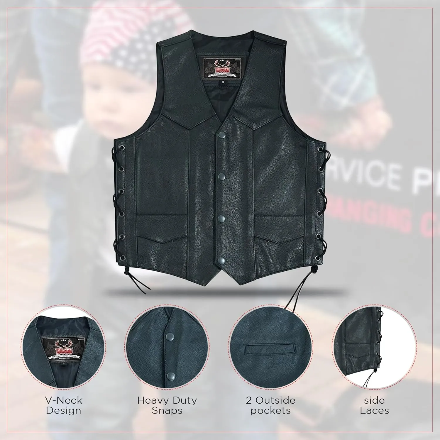 Hugger Kids Leather Vest Fashion Button Sleeveless Toddler's Tops Cute V Neck Jacket Waistcoat Multiple Pockets & Side Laces
