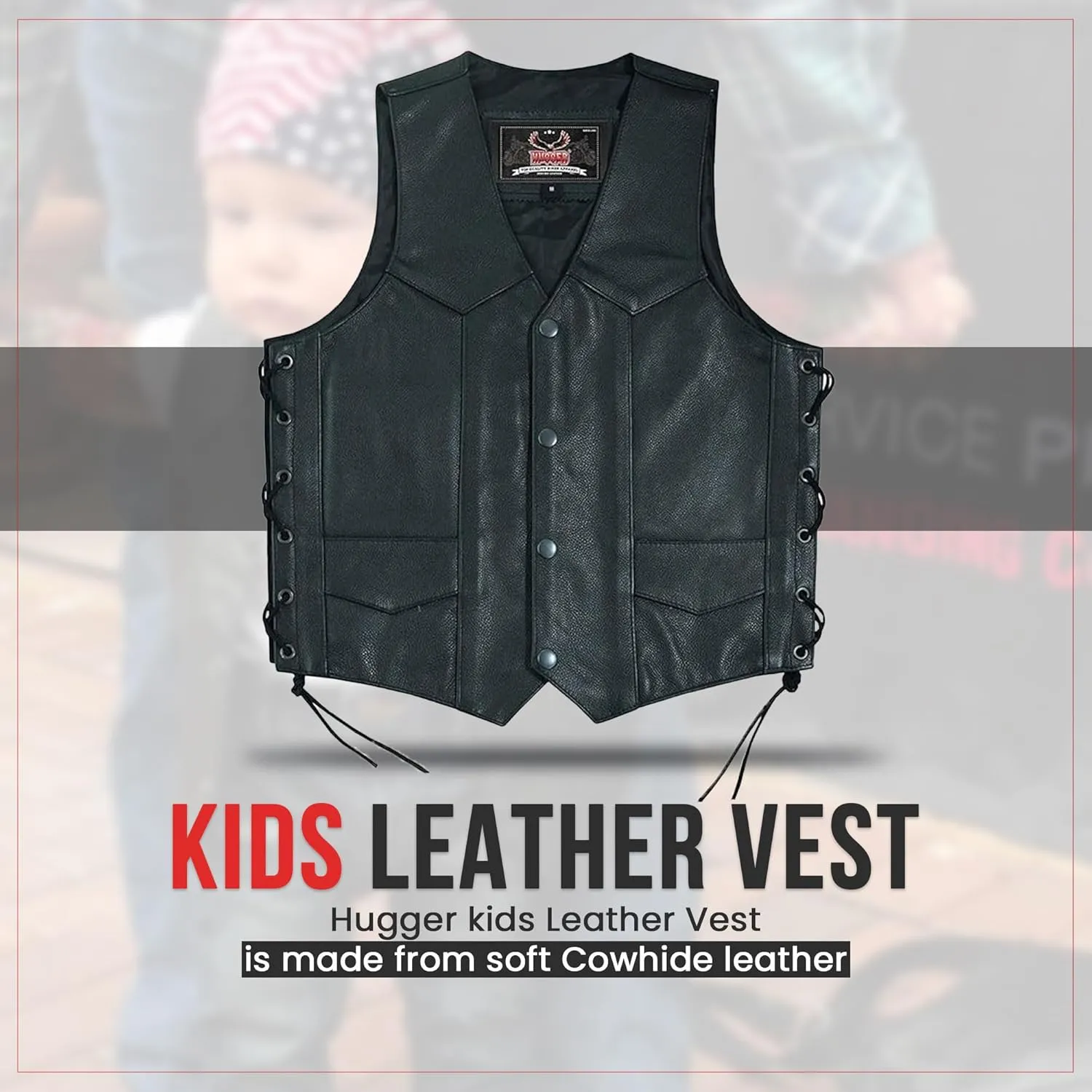 Hugger Kids Leather Vest Fashion Button Sleeveless Toddler's Tops Cute V Neck Jacket Waistcoat Multiple Pockets & Side Laces