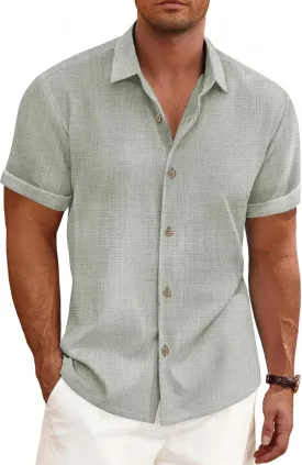 Linen Shirts for Men Casual Short Sleeve Button Down Shirt Cool Summer Beach Wedding Vacation Tops