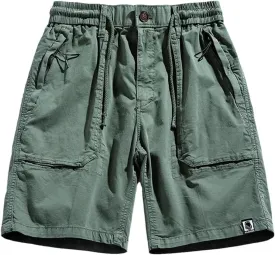 Men Summer Cargo Multi Pocket Cotton Pants Elastic Waist Solid Beach Jogger Shorts