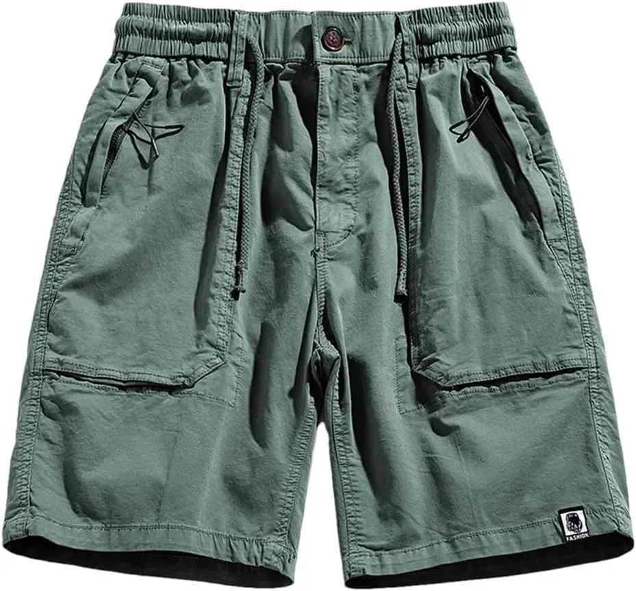 Men Summer Cargo Multi Pocket Cotton Pants Elastic Waist Solid Beach Jogger Shorts
