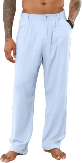 Mens Cotton Linen Pants Elastic Drawstring Waist Trouser Casual Loose Fit Yoga Beach Pants