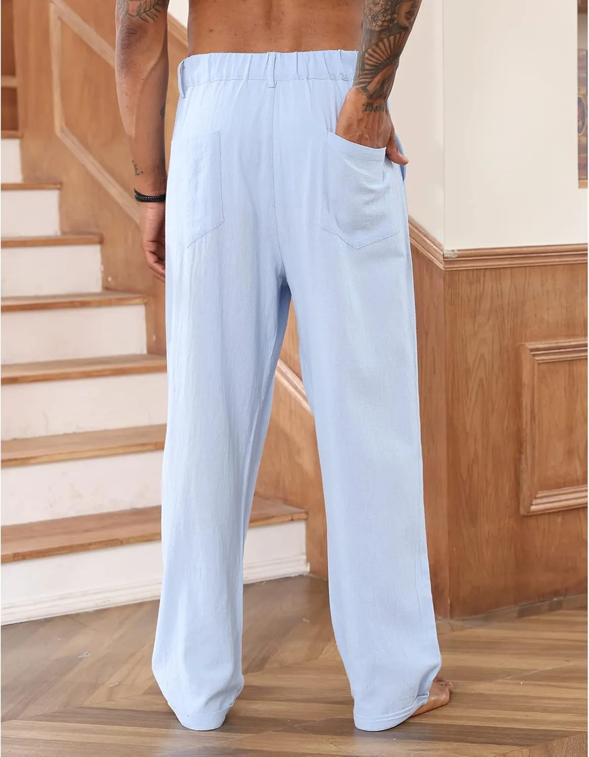 Mens Cotton Linen Pants Elastic Drawstring Waist Trouser Casual Loose Fit Yoga Beach Pants