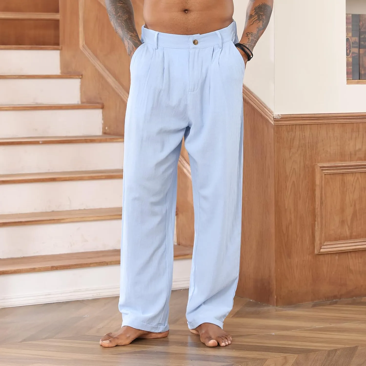 Mens Cotton Linen Pants Elastic Drawstring Waist Trouser Casual Loose Fit Yoga Beach Pants