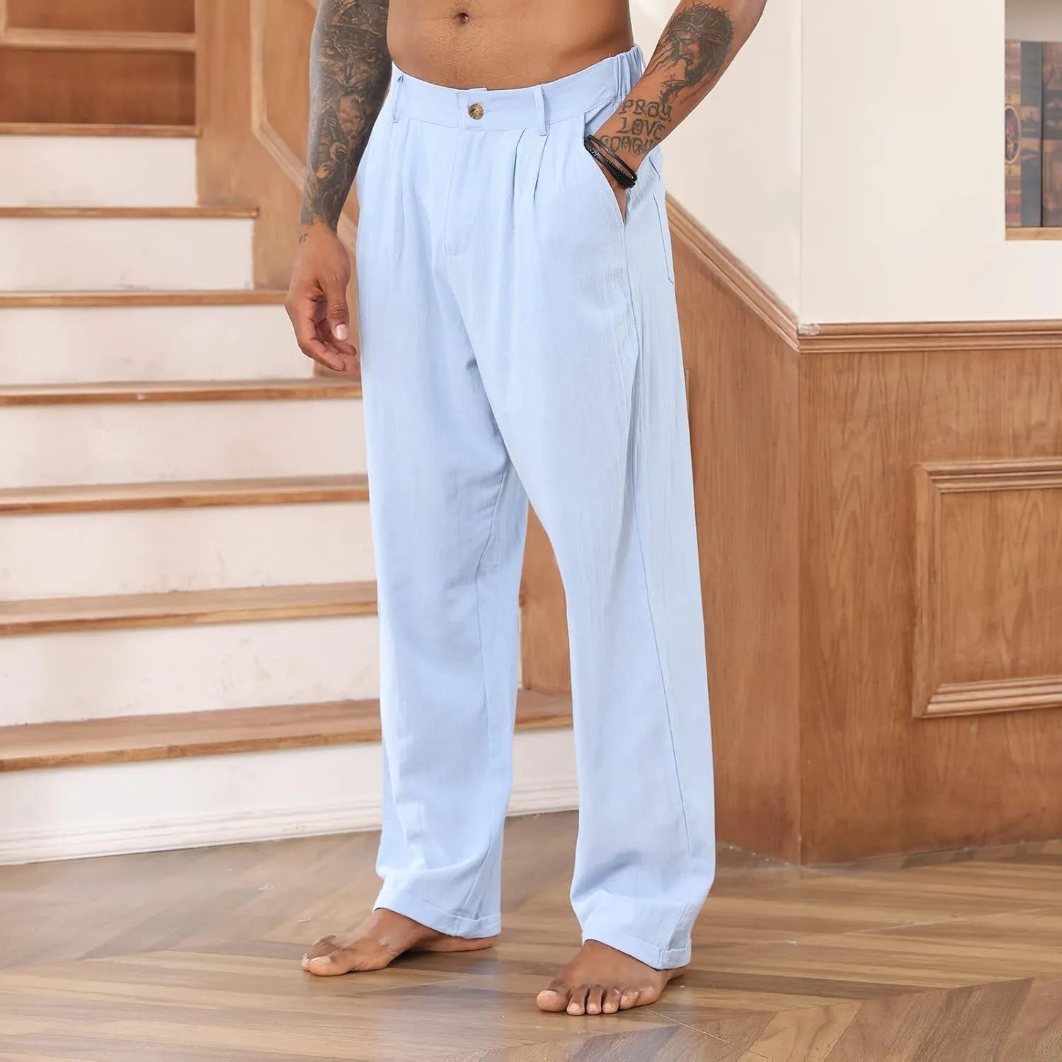 Mens Cotton Linen Pants Elastic Drawstring Waist Trouser Casual Loose Fit Yoga Beach Pants