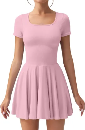 OQQ Women's Square Neck Ruffle Hem Mini Dress Summer Short Sleeve with Shorts Party Dresses