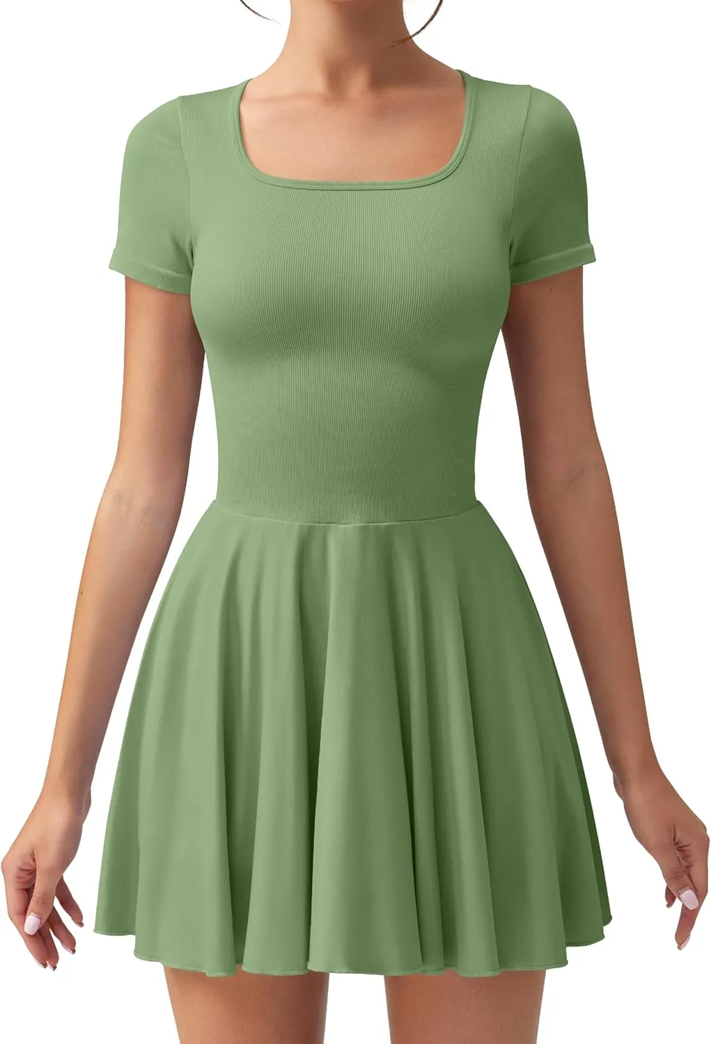 OQQ Women's Square Neck Ruffle Hem Mini Dress Summer Short Sleeve with Shorts Party Dresses
