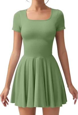 OQQ Women's Square Neck Ruffle Hem Mini Dress Summer Short Sleeve with Shorts Party Dresses
